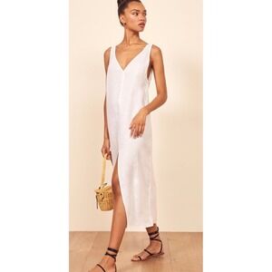 Reformation Monique Dress White Linen V-Neck Maxi Front Slit Size L